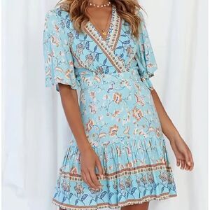 NEW! Pretty Baby Blue Floral Bohemian Print Wrap Around Mini Dress Ruffled